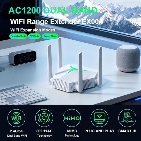 موسع نطاق واي فاي AC1200، مكرر واي فاي USB ثنائي النطاق 5 جيجا هرتز/2.4 جيجا هرتز مع 3 أوضاع ومنفذي إيثرنت يغطي مساحة تصل إلى 12000 قدم مربع، معزز إشارة الإنترنت EX004 للمنزل بأكمله، التوصيل والتشغيل (أبيض) in Kuwait
