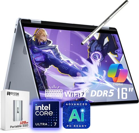 Dell 16 Plus 2-in-1 Laptop, 16" 1920 x 1200 Touchscreen, Core Ultra 7 256V(>i9-13900H), AI Ready, Copilot, Backlit Keyboard, 1080p Webcam, Wi-Fi 7, Windows 11 Pro, Ice Blue(16GB DDR5 RAM | 1TB SSD) in Saudi Arabia