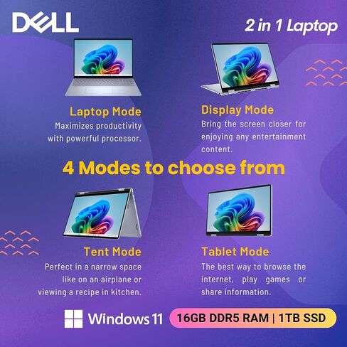 Dell 16 Plus 2-in-1 Laptop, 16" 1920 x 1200 Touchscreen, Core Ultra 7 256V(>i9-13900H), AI Ready, Copilot, Backlit Keyboard, 1080p Webcam, Wi-Fi 7, Windows 11 Pro, Ice Blue(16GB DDR5 RAM | 1TB SSD) in Saudi Arabia