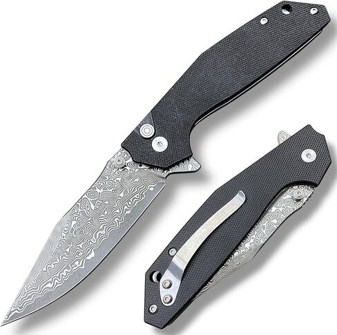 سكين جيب EDC ممتاز من TACTICAL GEARZ - شفرة فولاذية دمشقية 3.5 بوصة مع نواة VG10، ومقبض G10، وقفل زر (حزمة Juno XT Beast) in Kuwait