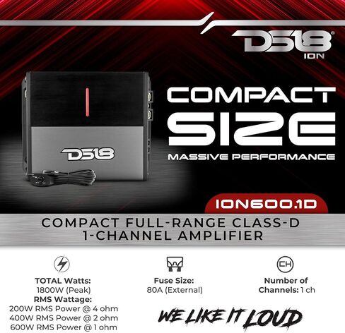 DS18 ION600.1D مضخم صوت أحادي القناة قوي ومدمج ذو نطاق كامل 600 وات RMS فئة D - مضخم صوت سيارة رقمي صغير ذو قناة واحدة - يتضمن التحكم في مستوى مضخم الصوت عن بعد (متجدد) in Saudi Arabia