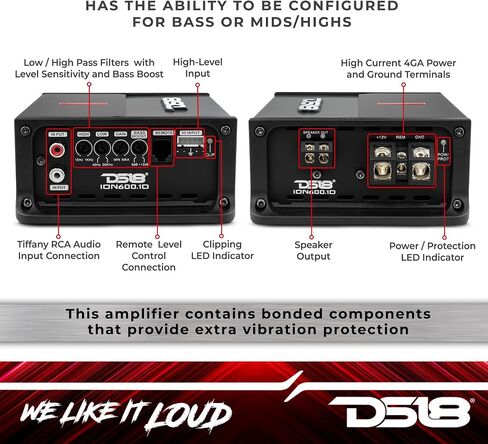DS18 ION600.1D مضخم صوت أحادي القناة قوي ومدمج ذو نطاق كامل 600 وات RMS فئة D - مضخم صوت سيارة رقمي صغير ذو قناة واحدة - يتضمن التحكم في مستوى مضخم الصوت عن بعد (متجدد) in Saudi Arabia