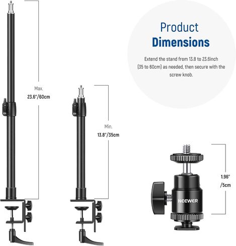 NEEWER Tabletop Overhead Camera Mount Arm, 11.8"-20"/30-51cm Telescopic Extension Arm for Desk Stand with Ball Head Mount 1/4" 3/8" 5/8" Screws for Webcam Camera LED Ring Light Microphone, DS001 in Kuwait