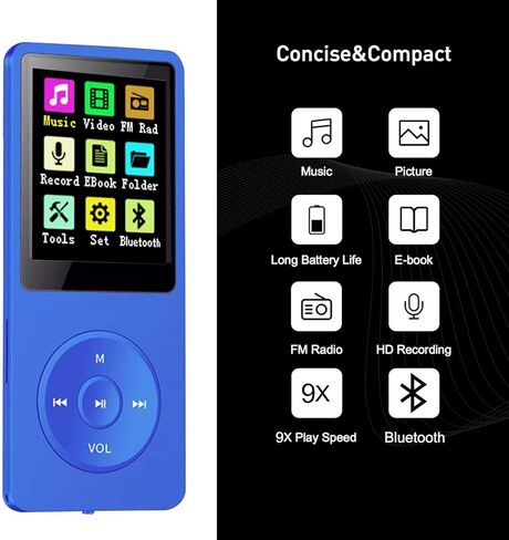 مشغل موسيقى MP3 سعة 128 جيجابايت مع بلوتوث 5.2، مكبر صوت مدمج، راديو FM، مسجل صوت، صوت HiFi، وظيفة الكتاب الإلكتروني، سماعات الأذن متضمنة in Kuwait