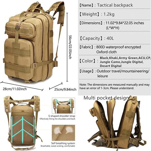 40L Tactical Backpack for Men and Women, Army 3 Days Assault Pack Bag Large Rucksack for Hiking Travel Trekking, Jungle Digital in Saudi Arabia