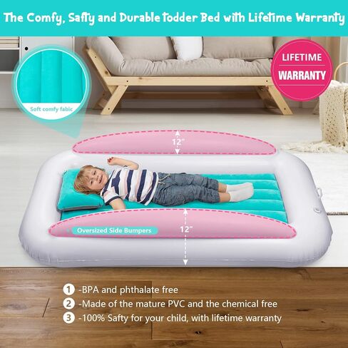 Toddler Travel Bed, Portable Inflatable Toddler Bed for Kids | Toddler Air Mattress | Kids Travel Bed | Toddler Blow Up Mattress with Sides, Idea for Road Trip Camping Sleepovers, Navy Blue & Grey in Saudi Arabia