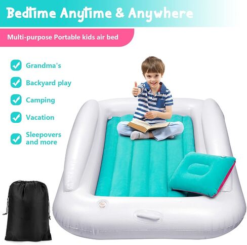 Toddler Travel Bed, Portable Inflatable Toddler Bed for Kids | Toddler Air Mattress | Kids Travel Bed | Toddler Blow Up Mattress with Sides, Idea for Road Trip Camping Sleepovers, Navy Blue & Grey in Saudi Arabia