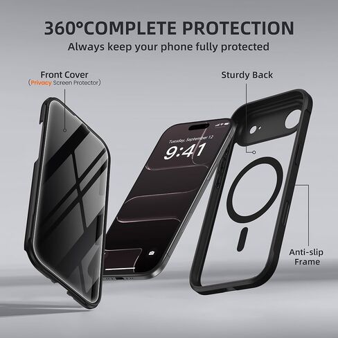 BERFY for iPhone 17 Pro Max Case, Compatible with MagSafe, Built-in Privacy Screen Protector and Camera Protection, Anti-Spy Full Body Shockproof Clear Phone Case for 17 Pro Max 6.9", Black in Kuwait