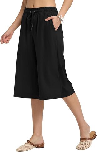 سراويل كابري من الكتان للنساء مرونة مرآة الخصر مرونة في السراويل الواسعة الساقين سراويل النساء مع جيوب in Kuwait