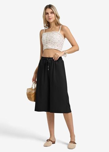 سراويل كابري من الكتان للنساء مرونة مرآة الخصر مرونة في السراويل الواسعة الساقين سراويل النساء مع جيوب in Kuwait