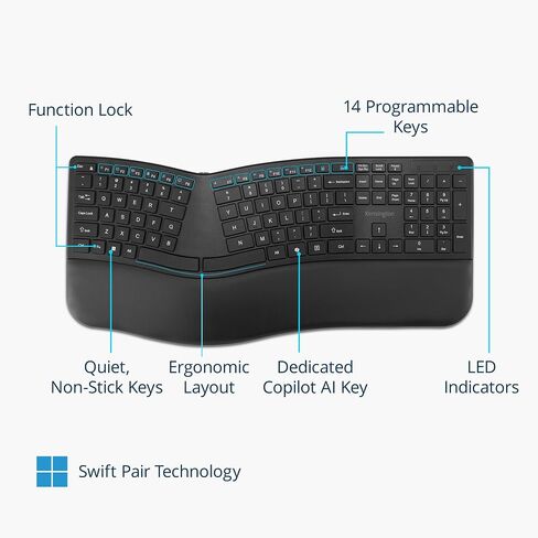 Kensington Pro Fit Ergo KB680 EQ Wireless Keyboard, Bluetooth & 2.4GHz Connection, Rechargeable, Ergonomic Design, Split-Keyboard (K72485NA) in Saudi Arabia
