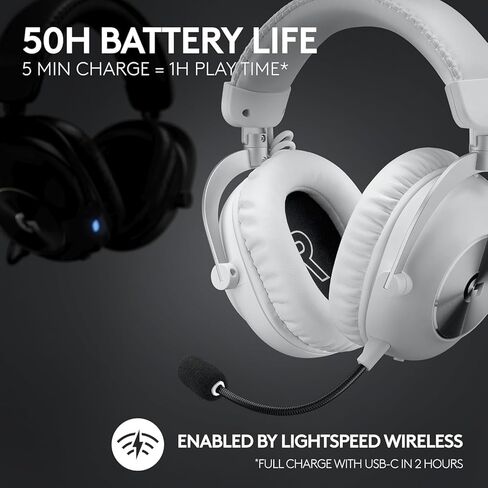 سماعة الألعاب اللاسلكية Logitech G PRO X 2 Lightspeed: ميكروفون بوم قابل للفصل، محركات جرافين 50 مم، سماعة رأس DTS:X 2.0—7.1 محيطية، بلوتوث/USB/3.5 مم Aux، للكمبيوتر الشخصي، PS5، PS4 - أبيض (متجدد) in Saudi Arabia