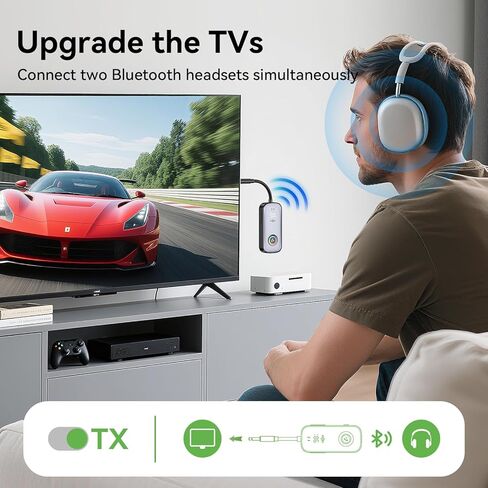 جهاز إرسال استقبال بلوتوث 2025 Pro، محول صوت لاسلكي 2 في 1 للطائرة/التلفزيون/الكمبيوتر الشخصي/صالة الألعاب الرياضية، سماعة رأس مزدوجة الوصلة، جهاز استقبال بلوتوث لستيريو السيارة/المنزل، زمن استجابة منخفض، عرض البطارية، ميكروفون مدمج in Saudi Arabia