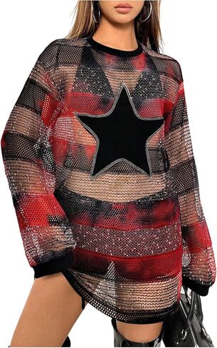 Floerns Women's Y2K See Through Sheer Mesh Long Sleeve Club Dress Star Striped Print Round Neck Night Out Mini Dress in Saudi Arabia