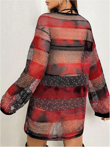 Floerns Women's Y2K See Through Sheer Mesh Long Sleeve Club Dress Star Striped Print Round Neck Night Out Mini Dress in Saudi Arabia