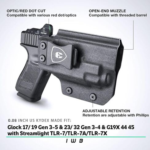 WARRIORLAND IWB Kydex Holster Optic Cut، يناسب Glock 17/19 Gen 3-5 & 23/32 Gen 3-4 & 19X 44 45 مع TLR-7/TLR-7A/TLR-7X/TLR-8 HL-X G، حامل إخفاء حزام الخصر الداخلي، Adj. غير قادر & بوسي انقر فوق الاحتفاظ in Kuwait
