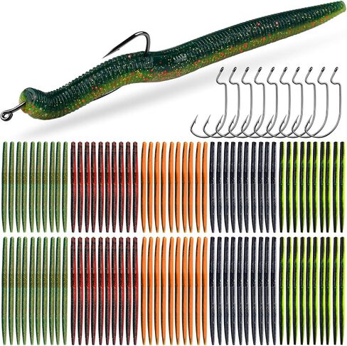 Soft Plastic Worm Bass Fishing Lures, 4"/5" 50/100pcs Plastic Fishing Lure Wacky Worm Rig + 10pcs Grub Baits Hook, Soft Worms Lure Set for Bass (110 Pack) in Kuwait