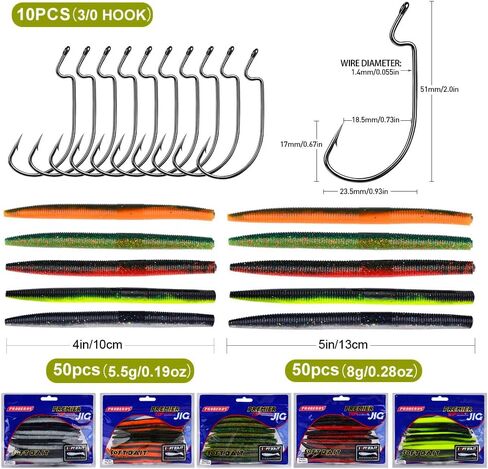 Soft Plastic Worm Bass Fishing Lures, 4"/5" 50/100pcs Plastic Fishing Lure Wacky Worm Rig + 10pcs Grub Baits Hook, Soft Worms Lure Set for Bass (110 Pack) in Kuwait