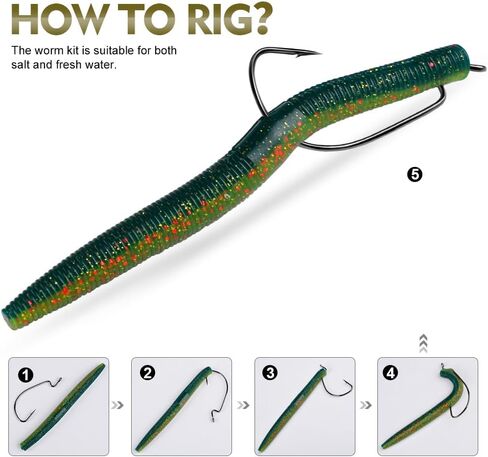 Soft Plastic Worm Bass Fishing Lures, 4"/5" 50/100pcs Plastic Fishing Lure Wacky Worm Rig + 10pcs Grub Baits Hook, Soft Worms Lure Set for Bass (110 Pack) in Kuwait