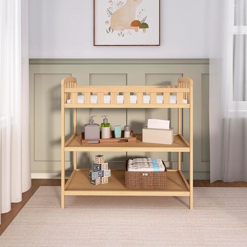 Dream On Me Emily Changing Table, Compact and Lightweight, Solid New Zealand Pinewood, Elevated Safety Rails, Two Storage Shelves, Includes Water-Resistant 1" Changing Pad — Natural in Saudi Arabia