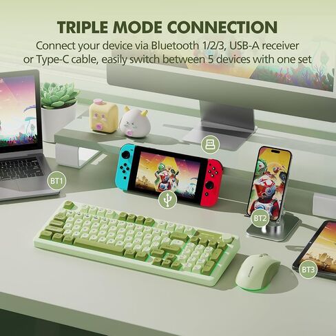 Wireless Keyboard and Mouse Combo Creamy with Number Pad for Desktop Mac iPad Bluetooth/2.4ghz/Wired Rechargeable Light up RGB Quiet Compatible with PC Laptop Tablet (Green) in Saudi Arabia