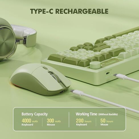 Wireless Keyboard and Mouse Combo Creamy with Number Pad for Desktop Mac iPad Bluetooth/2.4ghz/Wired Rechargeable Light up RGB Quiet Compatible with PC Laptop Tablet (Green) in Saudi Arabia