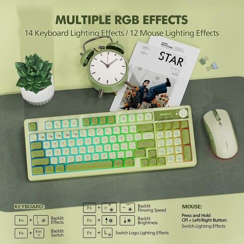 Wireless Keyboard and Mouse Combo Creamy with Number Pad for Desktop Mac iPad Bluetooth/2.4ghz/Wired Rechargeable Light up RGB Quiet Compatible with PC Laptop Tablet (Green) in Saudi Arabia
