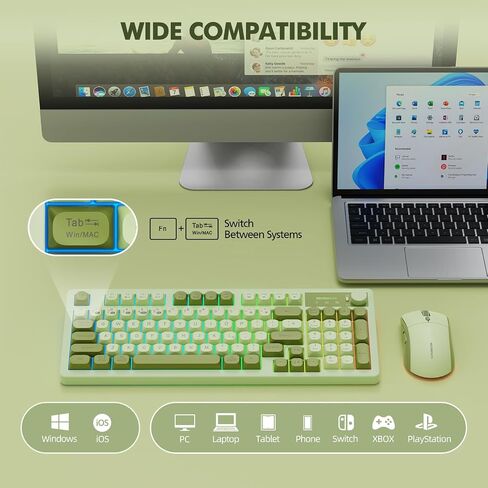 Wireless Keyboard and Mouse Combo Creamy with Number Pad for Desktop Mac iPad Bluetooth/2.4ghz/Wired Rechargeable Light up RGB Quiet Compatible with PC Laptop Tablet (Green) in Saudi Arabia