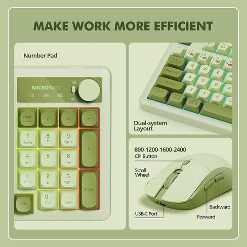 Wireless Keyboard and Mouse Combo Creamy with Number Pad for Desktop Mac iPad Bluetooth/2.4ghz/Wired Rechargeable Light up RGB Quiet Compatible with PC Laptop Tablet (Green) in Saudi Arabia