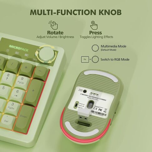 Wireless Keyboard and Mouse Combo Creamy with Number Pad for Desktop Mac iPad Bluetooth/2.4ghz/Wired Rechargeable Light up RGB Quiet Compatible with PC Laptop Tablet (Green) in Saudi Arabia