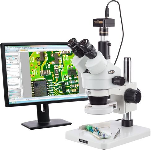 AmScope SM-1TS-144S-M مجهر تكبير ستيريو رقمي احترافي ثلاثي العينيات، عدسات WH10x، تكبير 7X-45X، هدف تكبير 0.7X-4.5X، ضوء حلقة LED 144 لمبة، حامل عمود، 110 فولت - 240 فولت، يتضمن كاميرا 1.3 ميجابكسل مع عدسة التخفيض والبرمجيات in Kuwait