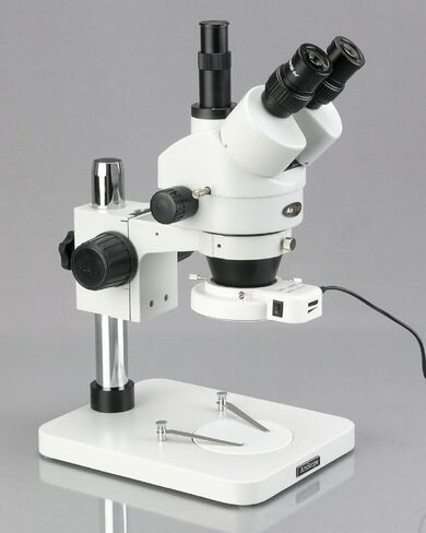 AmScope SM-1TS-144S-M مجهر تكبير ستيريو رقمي احترافي ثلاثي العينيات، عدسات WH10x، تكبير 7X-45X، هدف تكبير 0.7X-4.5X، ضوء حلقة LED 144 لمبة، حامل عمود، 110 فولت - 240 فولت، يتضمن كاميرا 1.3 ميجابكسل مع عدسة التخفيض والبرمجيات in Kuwait