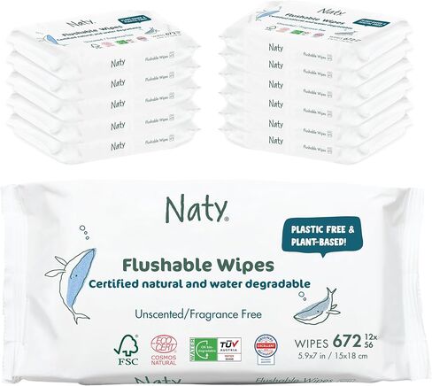 Naty Flushable Baby Wipes, 98% Water & Hypoallergenic, 168 Ct. (3 Packs) | Natural for Sensitive Skin, Unscented, Plant-Based, Fragrance-Free, Gentle for Newborn & Toddler in Saudi Arabia