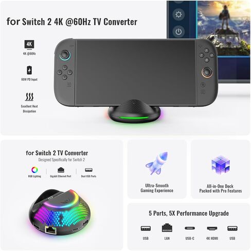 محطة إرساء محول التلفزيون للمحول 2، مجهزة بمنافذ USB 5 في 1، وLAN، وUSB-C، و4K HDMI، مع مخرج 60 هرتز وتأثيرات إضاءة RGB in Saudi Arabia