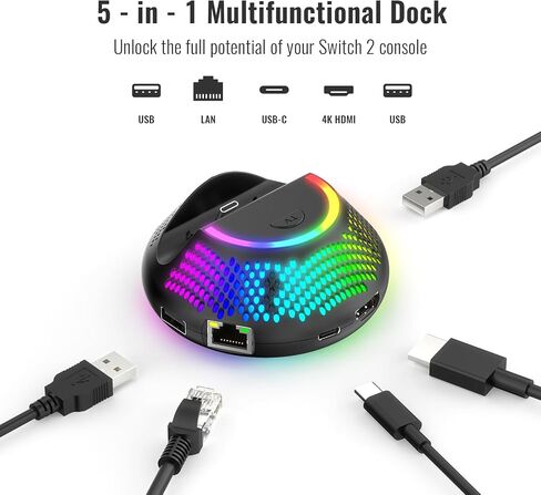 محطة إرساء محول التلفزيون للمحول 2، مجهزة بمنافذ USB 5 في 1، وLAN، وUSB-C، و4K HDMI، مع مخرج 60 هرتز وتأثيرات إضاءة RGB in Saudi Arabia