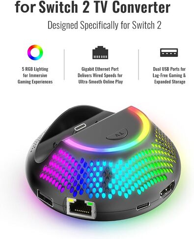 محطة إرساء محول التلفزيون للمحول 2، مجهزة بمنافذ USB 5 في 1، وLAN، وUSB-C، و4K HDMI، مع مخرج 60 هرتز وتأثيرات إضاءة RGB in Saudi Arabia