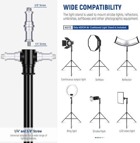 NEEWER 9.2ft/2.8m Air Cushioned Light Stand, Heavy Duty All Metal Tripod Stand with 1/4" to 3/8" Reversible Spigot, 3 Way Mounting Interface & Metal Locking Knobs, Max Load 5.5lb/2.5kg, ST-280AC in Kuwait