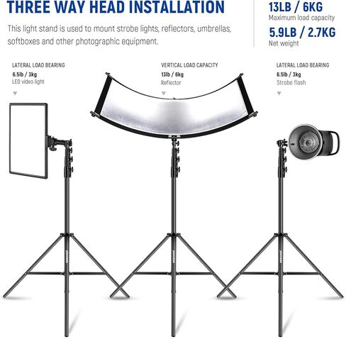 NEEWER 9.2ft/2.8m Air Cushioned Light Stand, Heavy Duty All Metal Tripod Stand with 1/4" to 3/8" Reversible Spigot, 3 Way Mounting Interface & Metal Locking Knobs, Max Load 5.5lb/2.5kg, ST-280AC in Kuwait