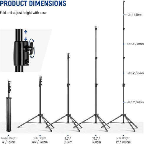 NEEWER 9.2ft/2.8m Air Cushioned Light Stand, Heavy Duty All Metal Tripod Stand with 1/4" to 3/8" Reversible Spigot, 3 Way Mounting Interface & Metal Locking Knobs, Max Load 5.5lb/2.5kg, ST-280AC in Kuwait
