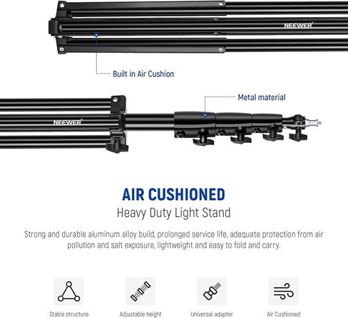 NEEWER 9.2ft/2.8m Air Cushioned Light Stand, Heavy Duty All Metal Tripod Stand with 1/4" to 3/8" Reversible Spigot, 3 Way Mounting Interface & Metal Locking Knobs, Max Load 5.5lb/2.5kg, ST-280AC in Kuwait