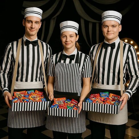 4pcs Adult Halloween Costumes for Women Men, 1950s Hot Dog Vendor Costume Adult with Apron, Hats, Bow Ties, Snack Tray in Saudi Arabia