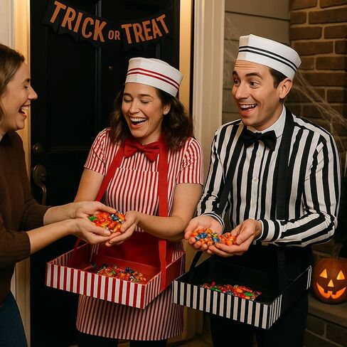 4pcs Adult Halloween Costumes for Women Men, 1950s Hot Dog Vendor Costume Adult with Apron, Hats, Bow Ties, Snack Tray in Saudi Arabia