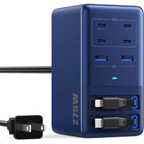 شاحن USB C بقدرة 275 وات مع كابلات مزدوجة قابلة للسحب، كتلة محور شحن سريع 8 في 1 GaN IV مطورة + محول الكمبيوتر المحمول PD QC PPS 65W لأجهزة MacBook Pro/Air، iPad، iPhone 17/Pro، Galaxy S24، Dell إلخ in Kuwait