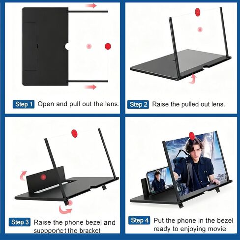 10"/12"/14"/16" Mobile Phone Magnifier Projector Screen, 2026 Upgrade Screen Magnifier for Cell Phone, Foldable Pull-Out 3D HD Screen Magnifier for All Smartphones (Black,12in) in Saudi Arabia