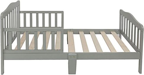 Volowoo Bed Frame for Girls & Boys, Classic Wood Bed Frame w/Safety Guardrail, Low to Floor Design, Wooden Slat Support, Fits Full Size Crib Mattress, Bedroom Furniture for Boys & Girls (White) in Kuwait