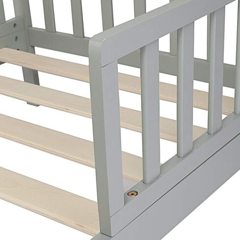 Volowoo Bed Frame for Girls & Boys, Classic Wood Bed Frame w/Safety Guardrail, Low to Floor Design, Wooden Slat Support, Fits Full Size Crib Mattress, Bedroom Furniture for Boys & Girls (White) in Kuwait