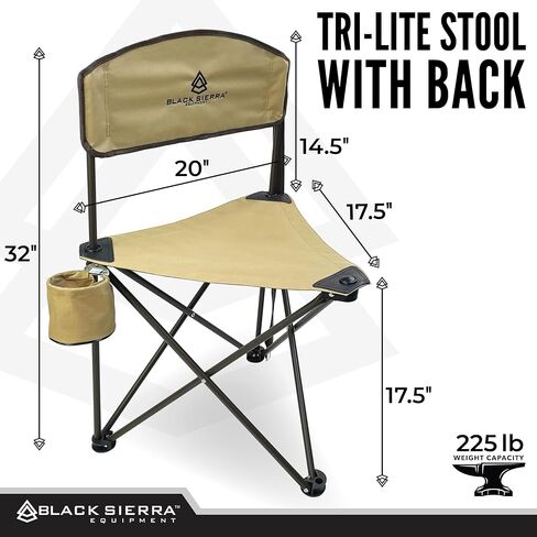 Black Sierra XL Tripod Hunting Stool w/Backrest, Lightweight Portable Fishing Chair w/Cupholder and Carry Strap, Supports 225 Lbs, Portable Outdoor Chair for Hunting, Camping, Travel, Hiking in Kuwait