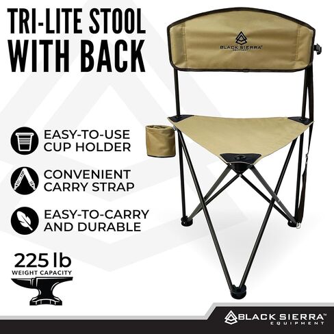 Black Sierra XL Tripod Hunting Stool w/Backrest, Lightweight Portable Fishing Chair w/Cupholder and Carry Strap, Supports 225 Lbs, Portable Outdoor Chair for Hunting, Camping, Travel, Hiking in Kuwait