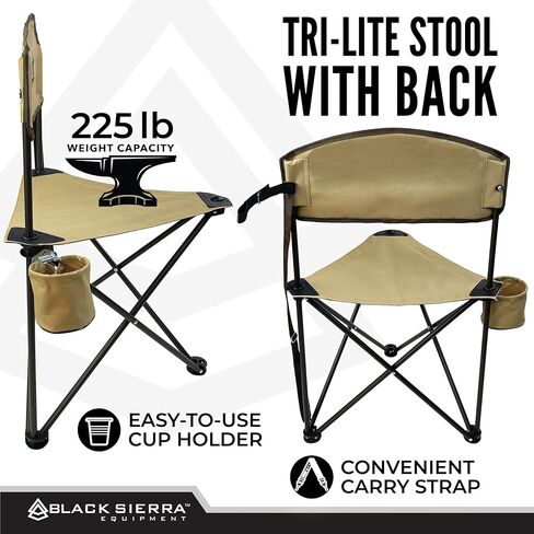 Black Sierra XL Tripod Hunting Stool w/Backrest, Lightweight Portable Fishing Chair w/Cupholder and Carry Strap, Supports 225 Lbs, Portable Outdoor Chair for Hunting, Camping, Travel, Hiking in Kuwait