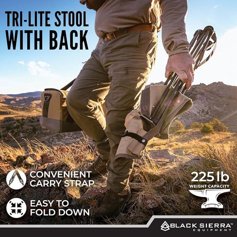 Black Sierra XL Tripod Hunting Stool w/Backrest, Lightweight Portable Fishing Chair w/Cupholder and Carry Strap, Supports 225 Lbs, Portable Outdoor Chair for Hunting, Camping, Travel, Hiking in Kuwait